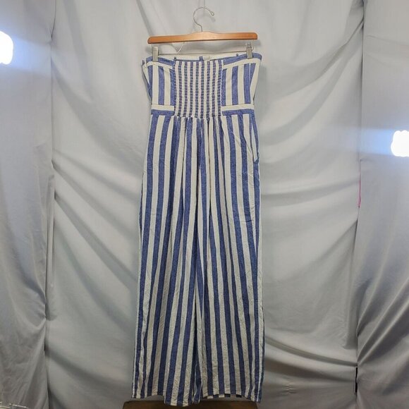 American Eagle Blue White Striped Button Front Tube Jumpsuit Wide Leg Small (A-8 - Picture 6 of 13